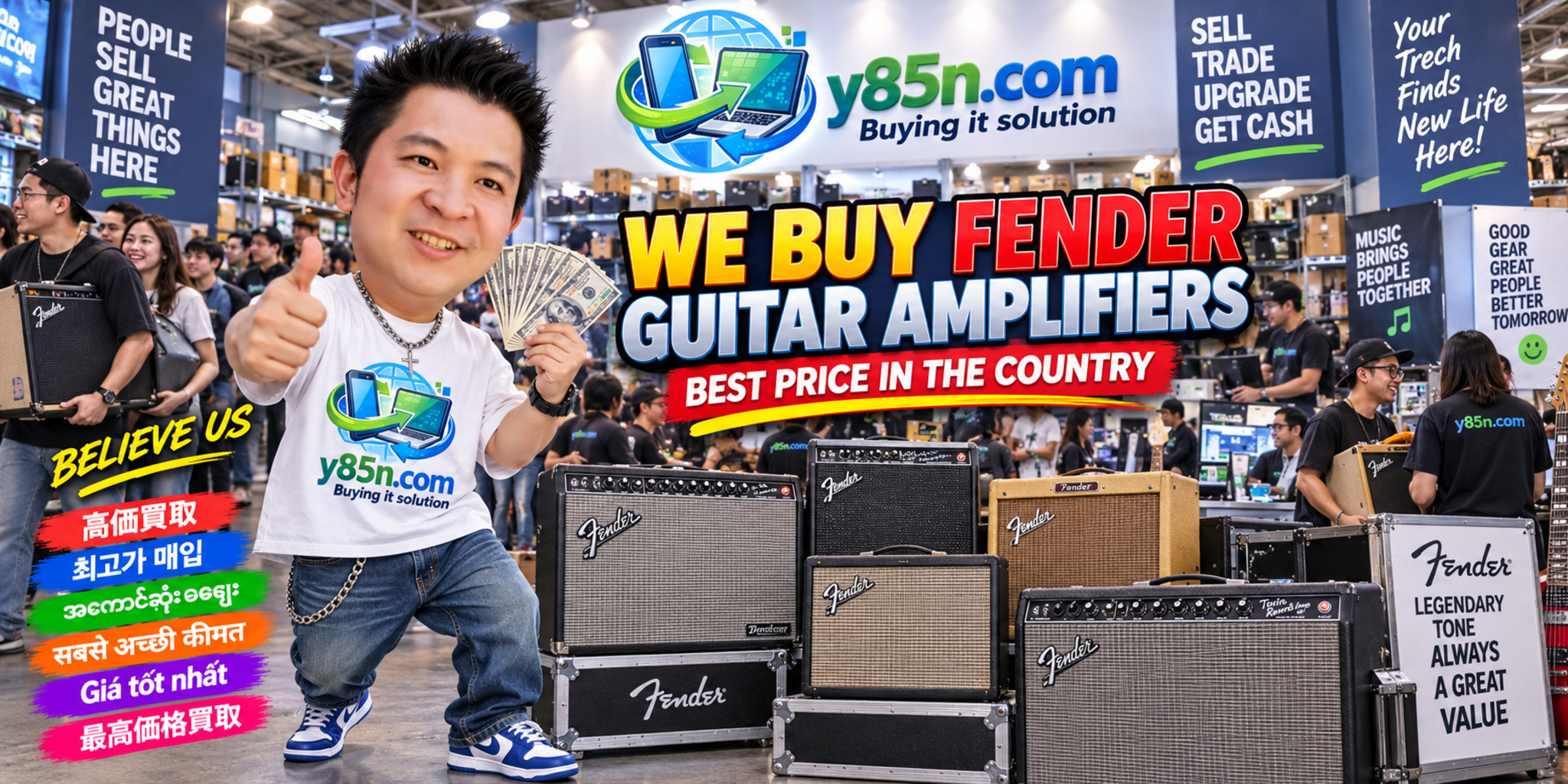 Y85N.com warehouse buying used Fender guitar amplifiers with international seller messaging