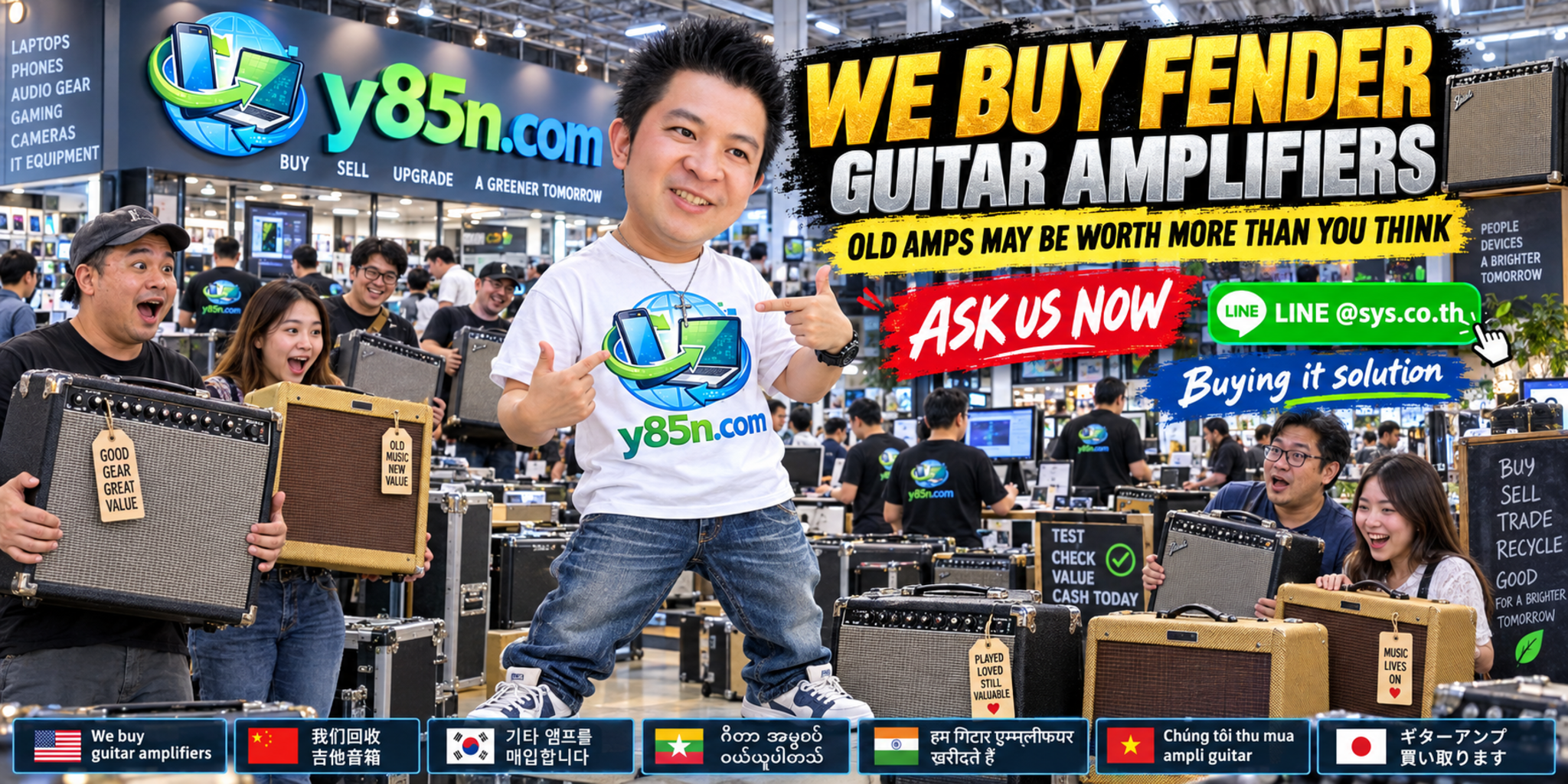 Busy Y85N.com music gear warehouse buying Fender guitar amplifiers in Thailand