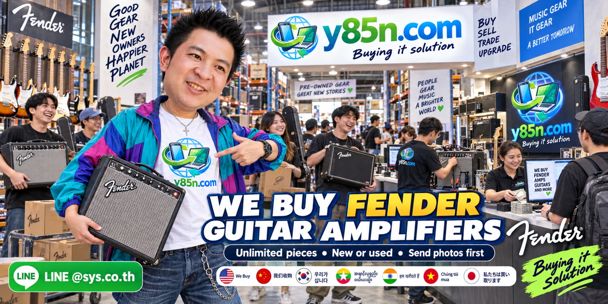 Y85N.com team and customers at a busy Fender guitar amplifier buying warehouse