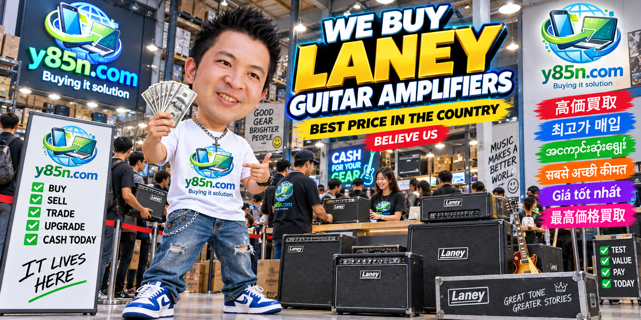 Y85N.com warehouse buying used Laney guitar amplifiers and complete rigs