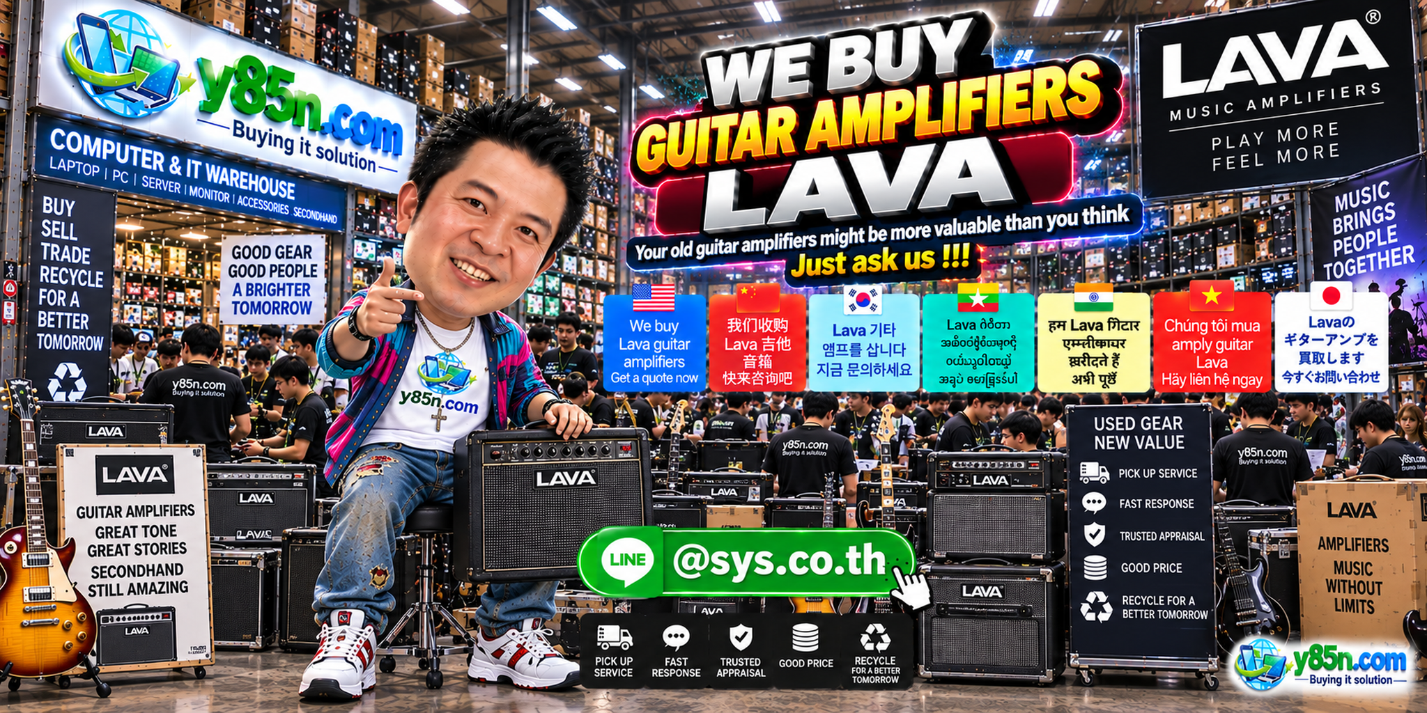 Busy Y85N.com warehouse buying LAVA guitar amplifiers in Thailand