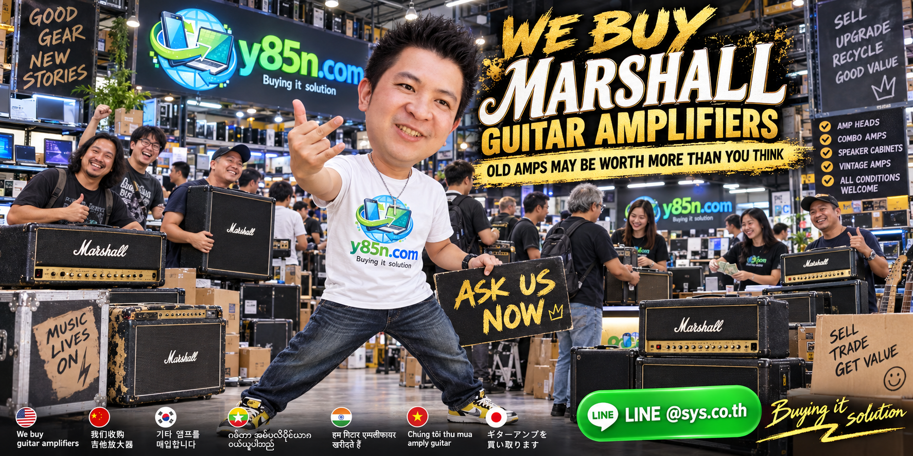 Busy Y85N.com warehouse buying Marshall guitar amplifiers in Thailand