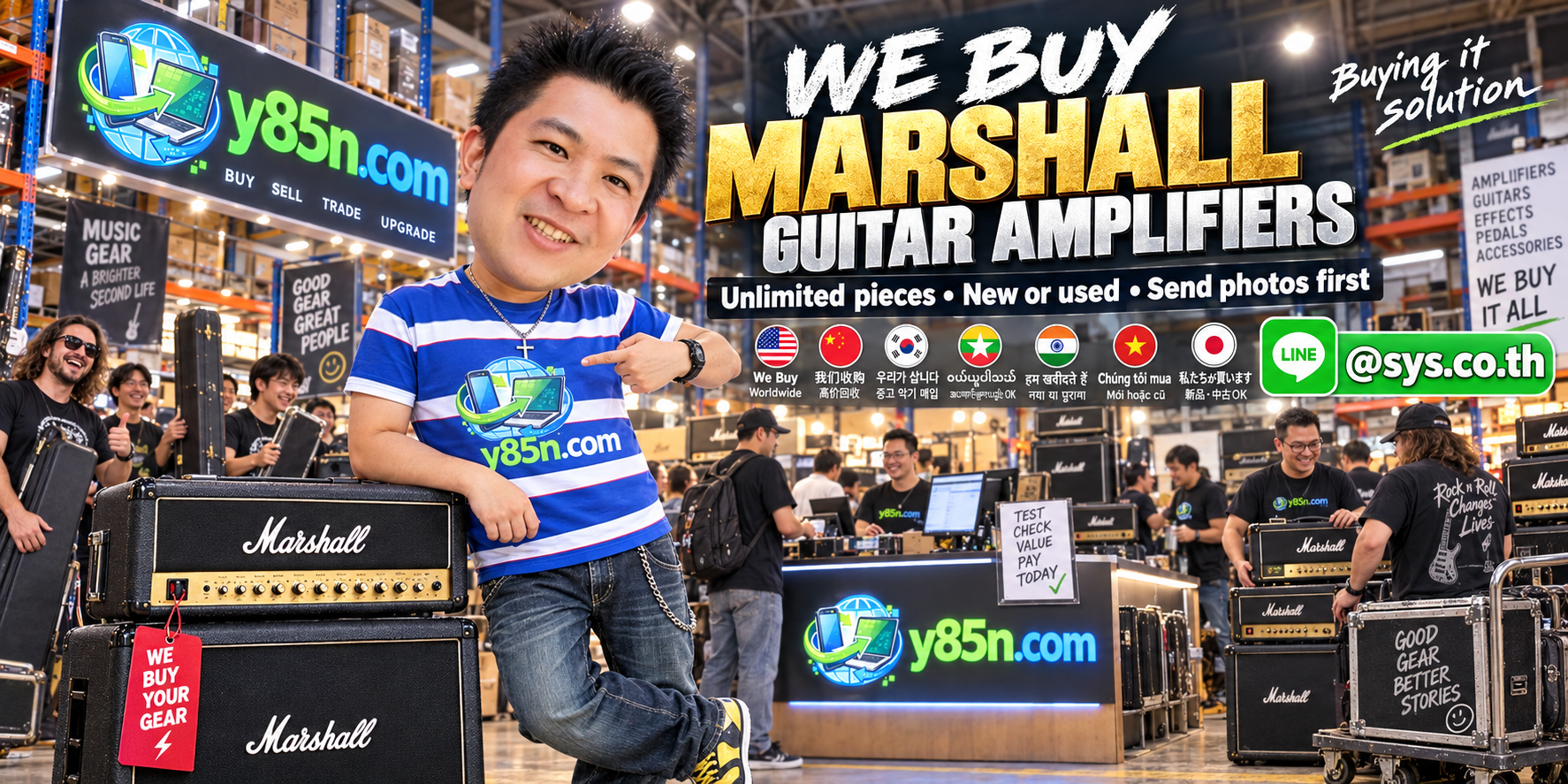 Y85N.com team and customers at a busy Marshall guitar amplifier buying warehouse