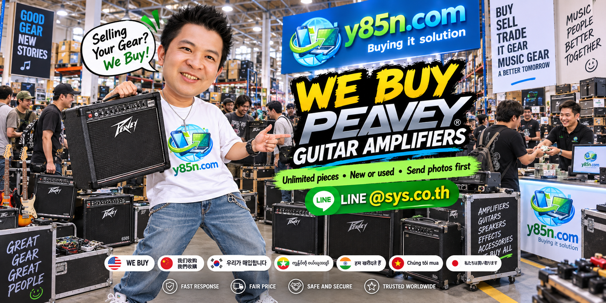 Y85N.com team and customers at a busy Peavey guitar amplifier buying warehouse