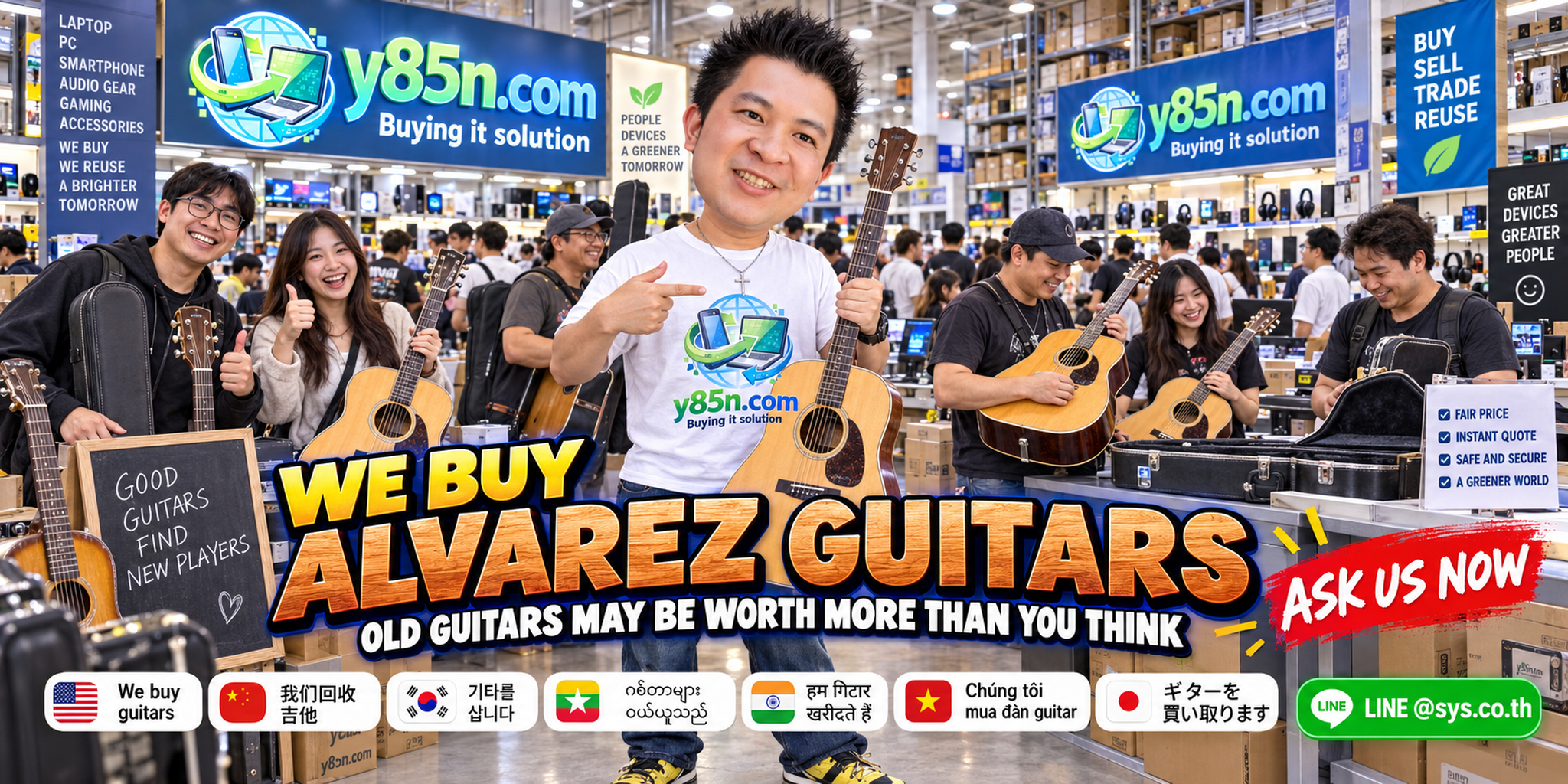 Busy Y85N.com warehouse buying Alvarez guitars in Thailand