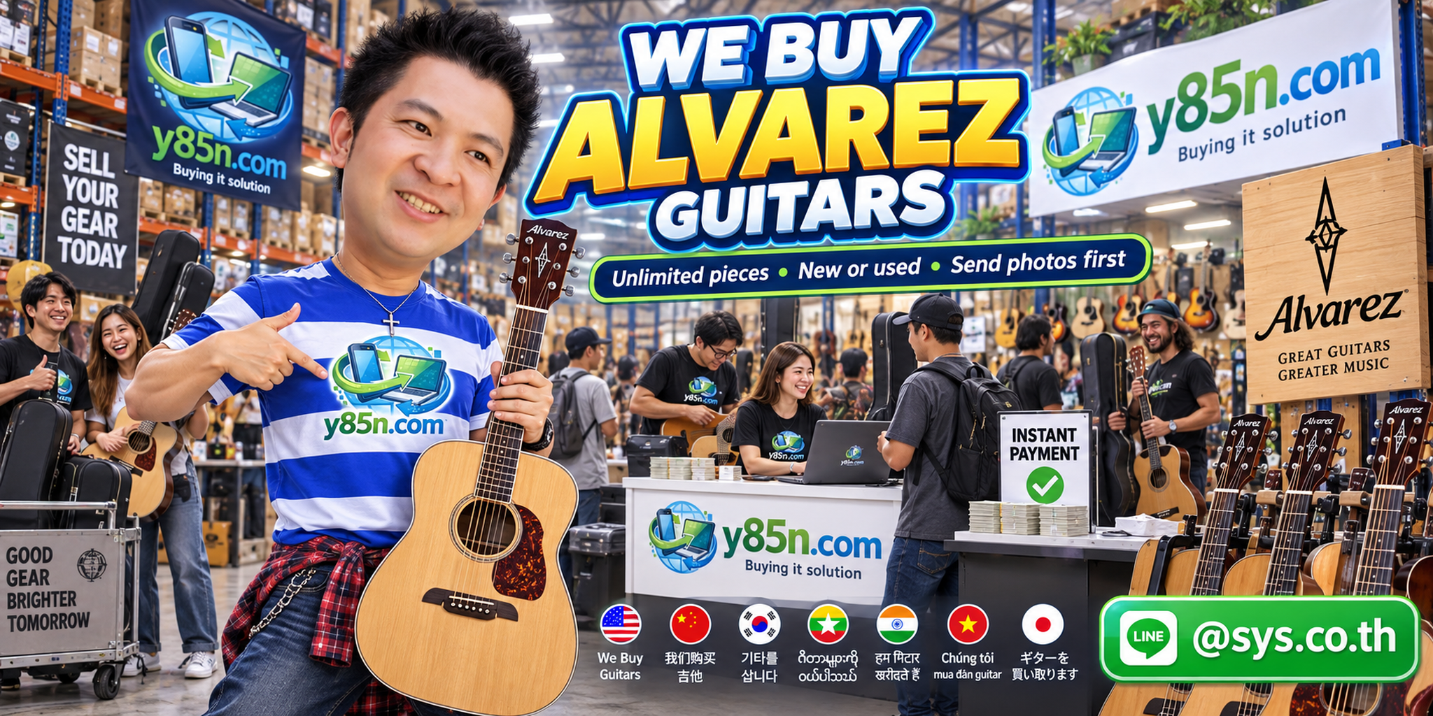 Y85N.com team and customers with Alvarez guitars in a busy warehouse
