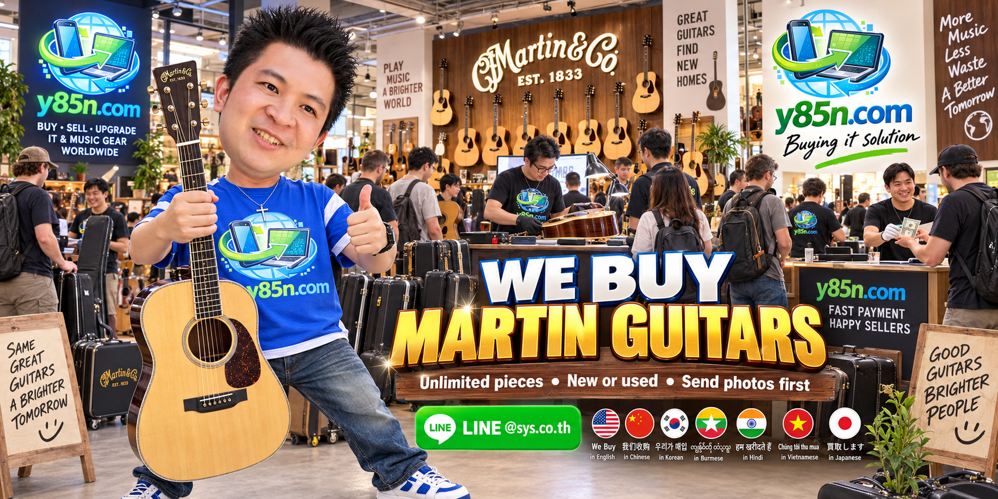 Y85N.com warehouse style environment buying Martin guitars with international seller support