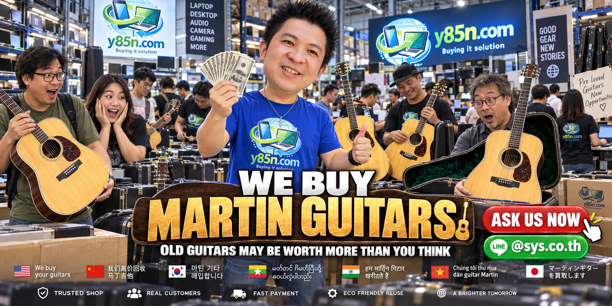 Y85N.com buying Martin guitars in a lively warehouse setting