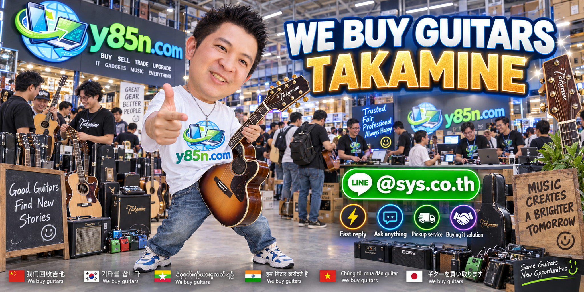 Y85N.com Takamine guitar buying service contact banner with LINE at sys.co.th