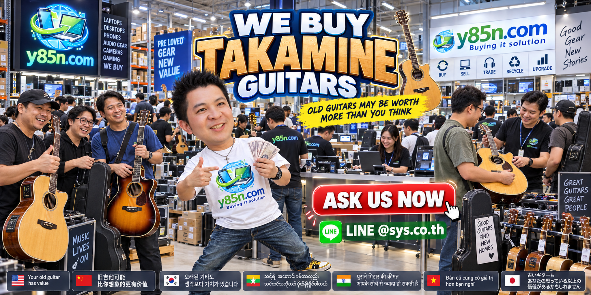 Y85N.com Takamine guitar buying service in a busy Thailand warehouse showroom