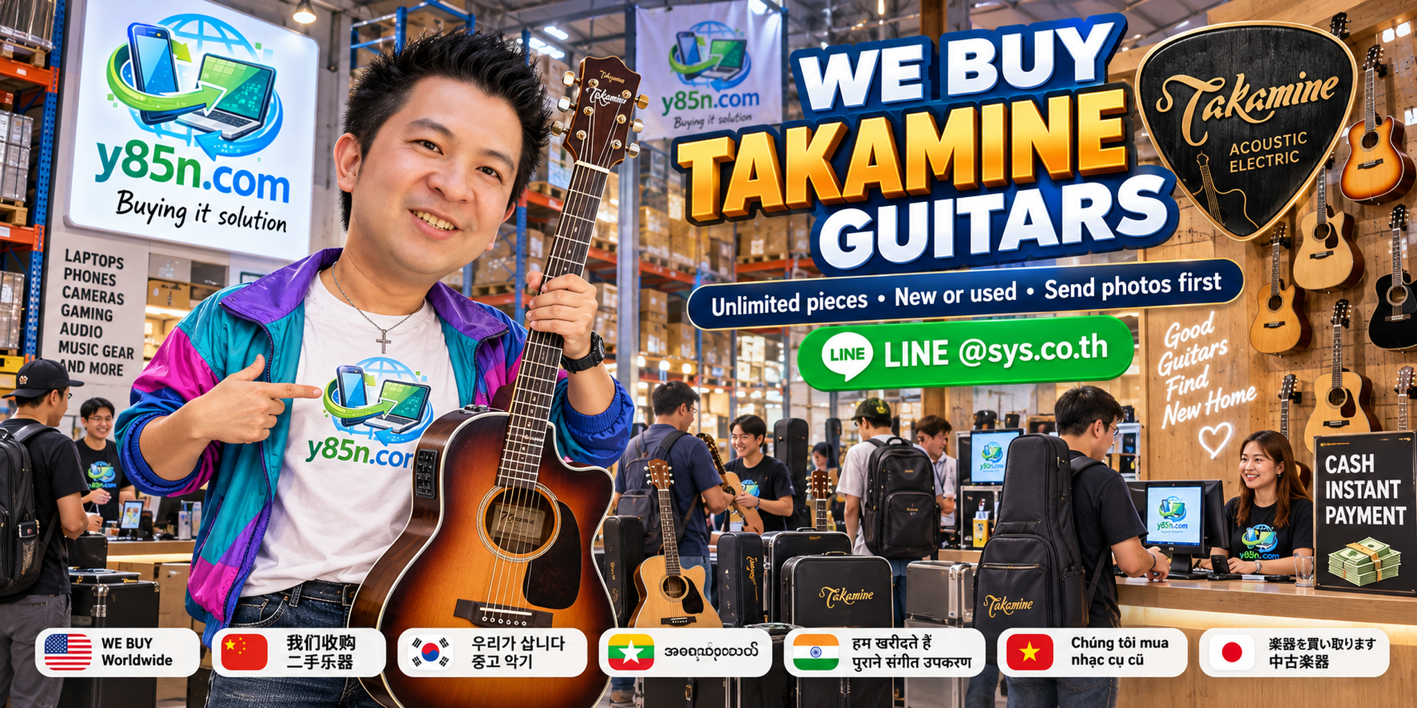 Y85N.com team evaluating Takamine guitars in a busy warehouse style showroom