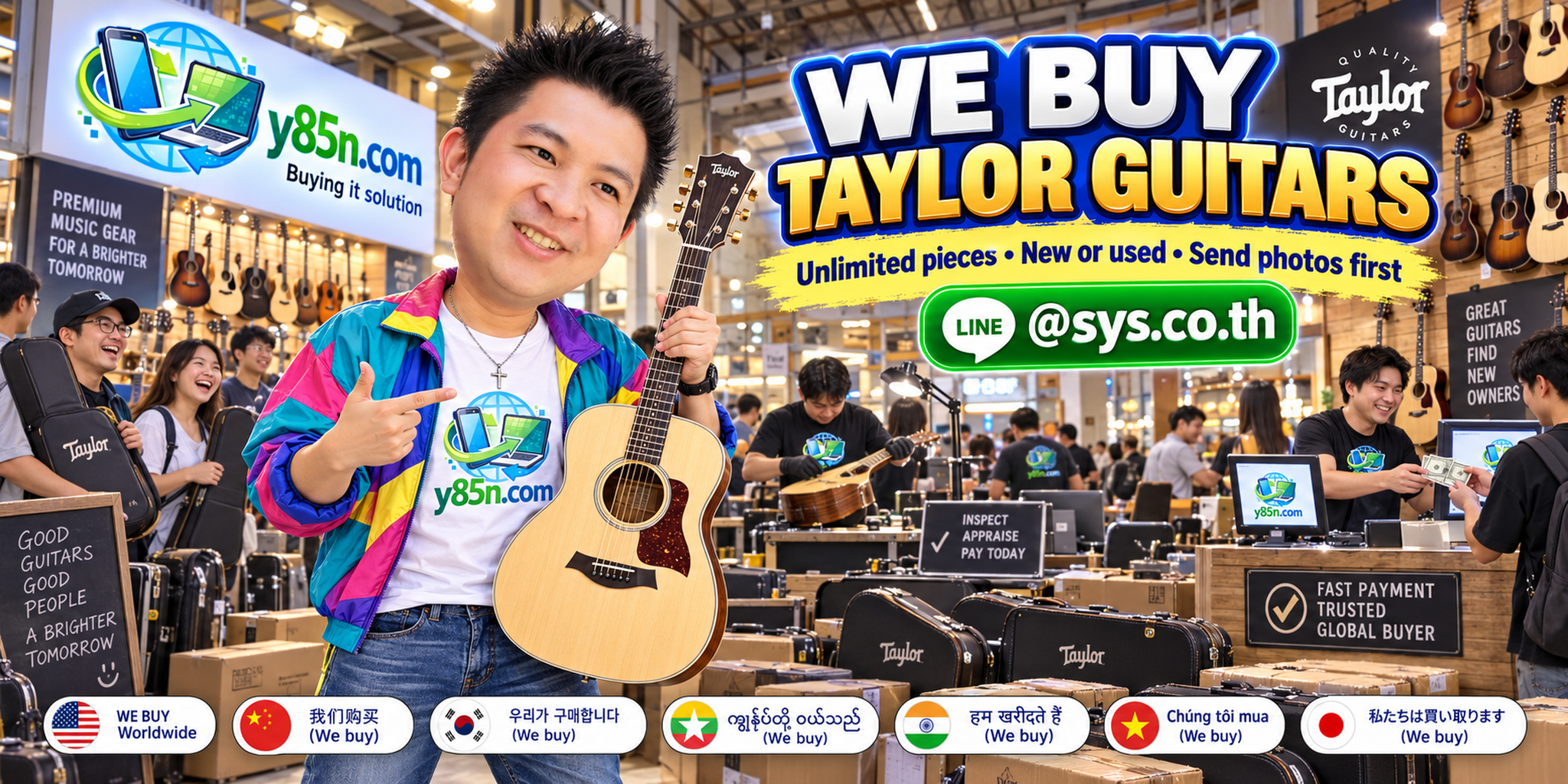 Y85N.com team and customers in a busy Taylor guitar buying warehouse