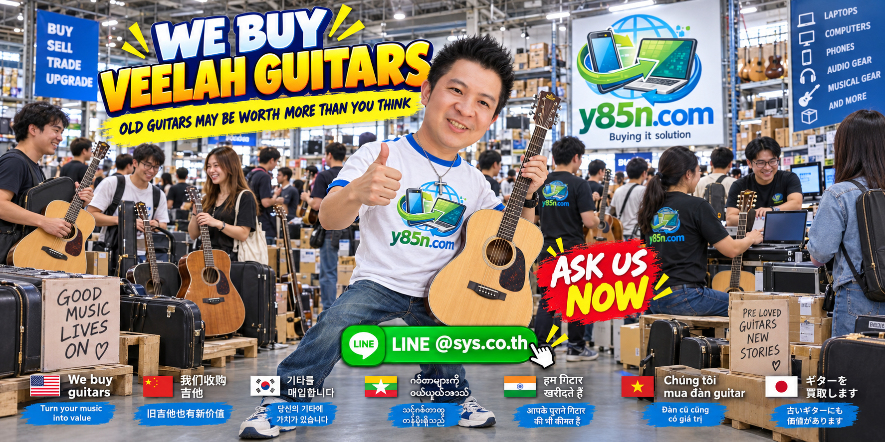 Busy Y85N.com warehouse buying Veelah guitars in Thailand