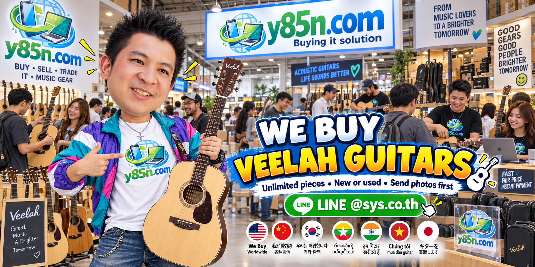 Y85N.com team and customers with Veelah guitars in a busy warehouse