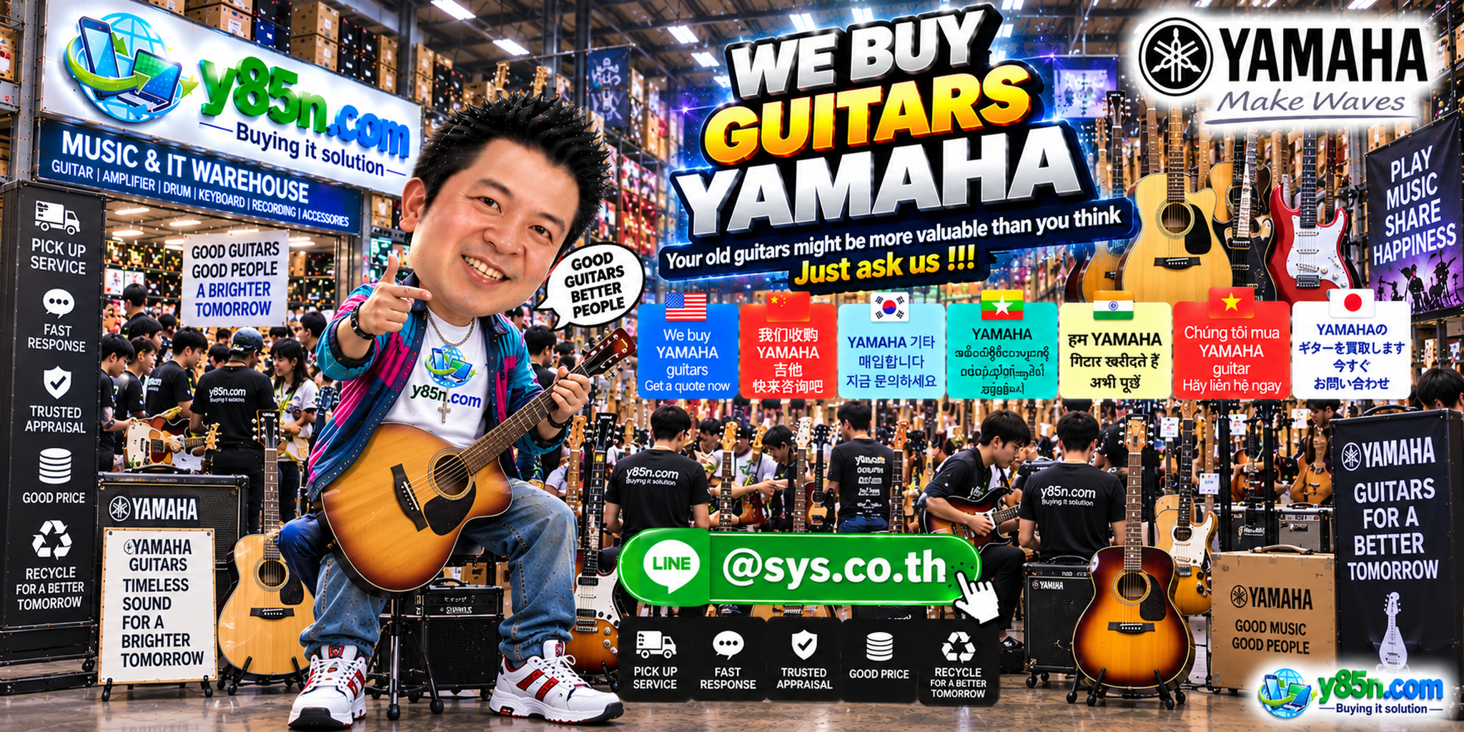 Busy Y85N.com buying counter with Yamaha guitars and international sellers in Thailand