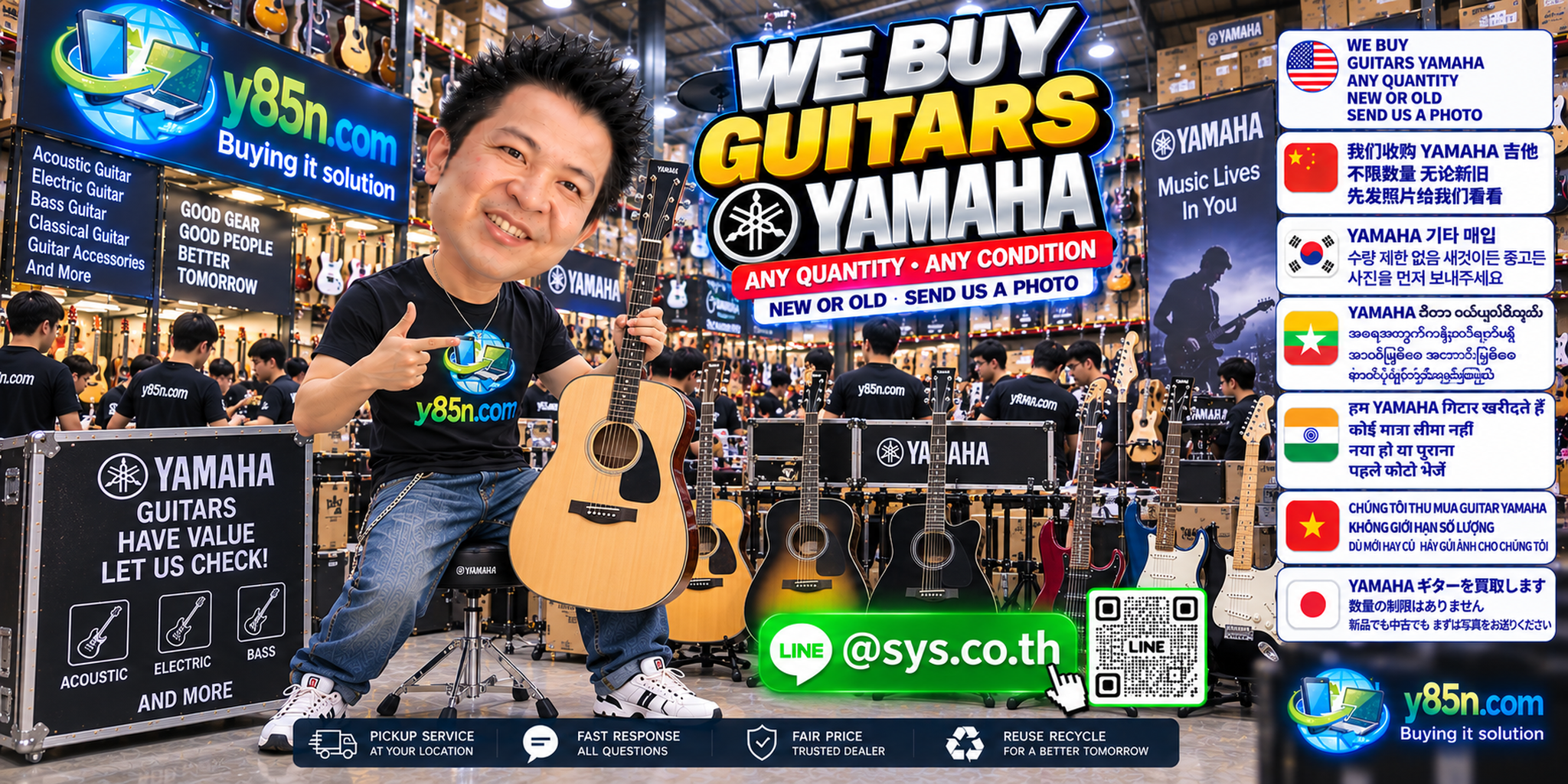 Y85N.com staff and customers evaluating Yamaha guitars in a busy technology and music gear warehouse