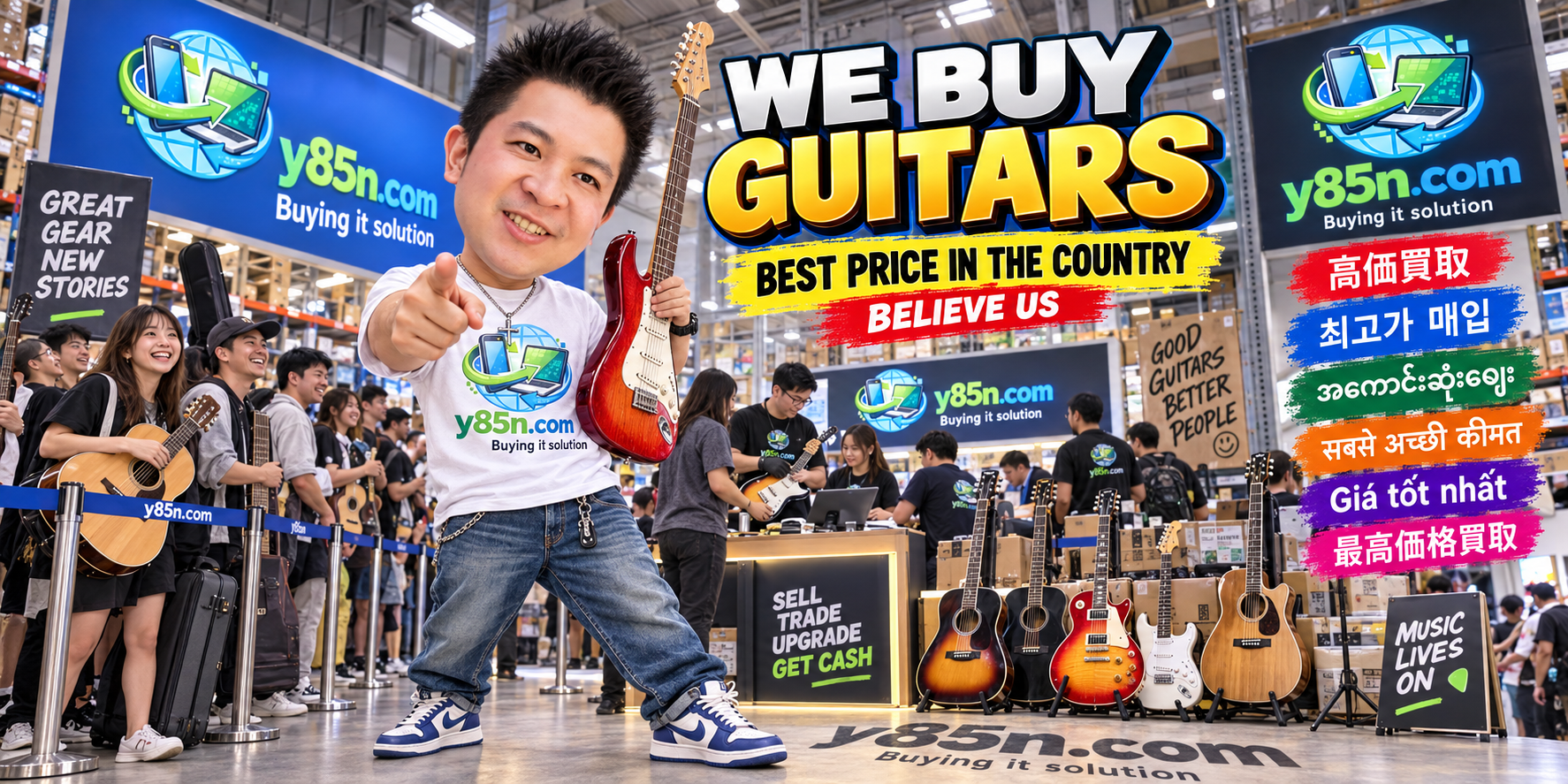 Y85N.com warehouse buying used guitars with international seller messaging