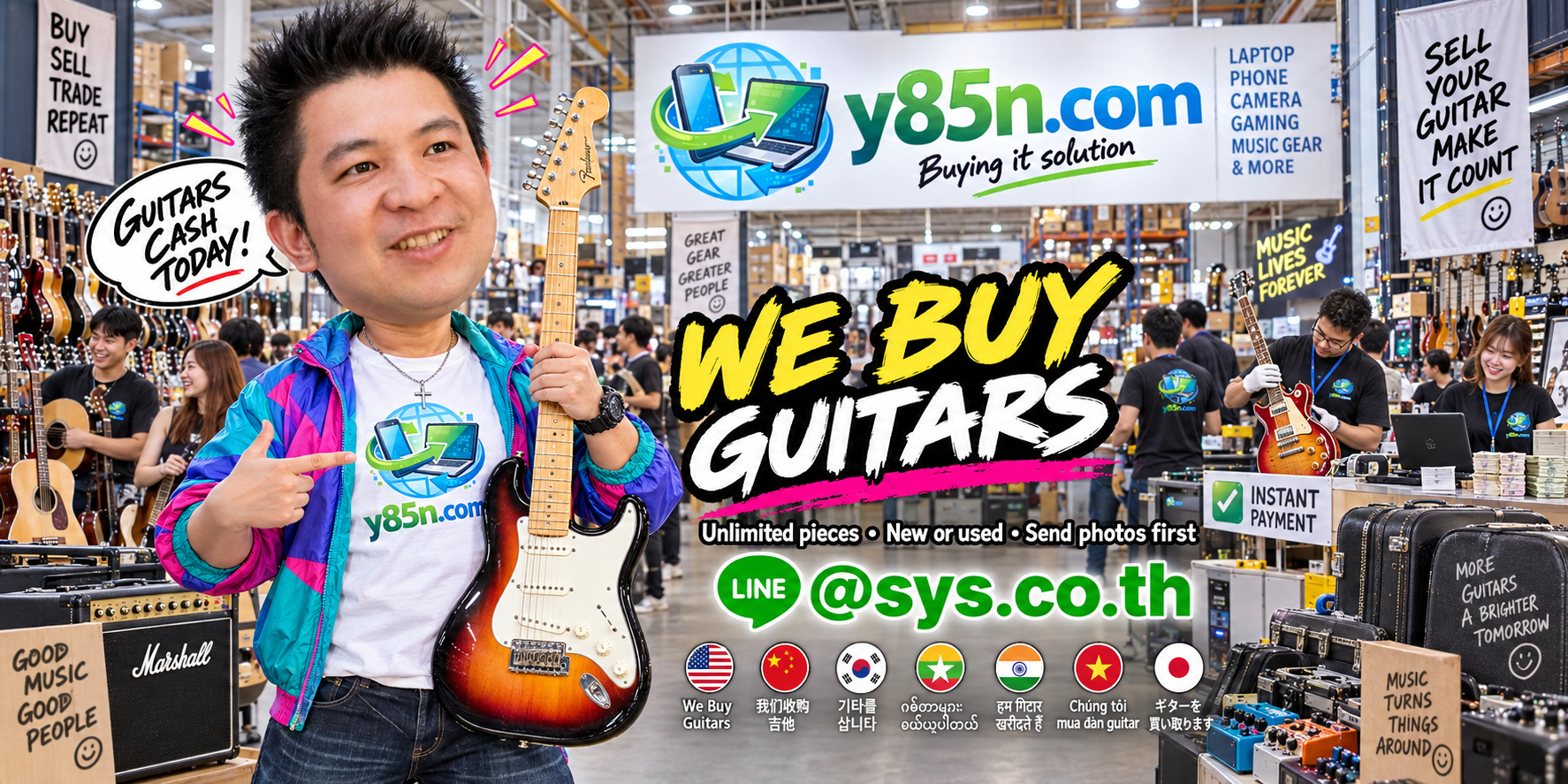Y85N.com team and customers at a busy guitar buying warehouse in Thailand