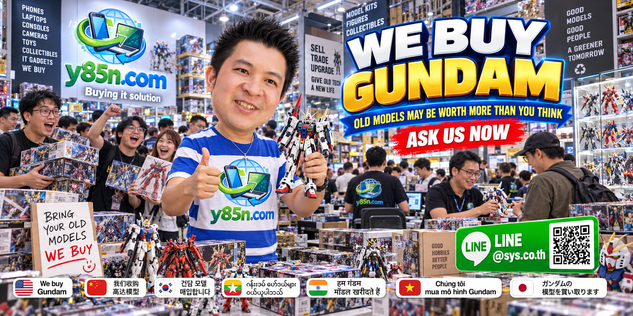 Y85N.com buying Gundam and Gunpla in a lively warehouse setting
