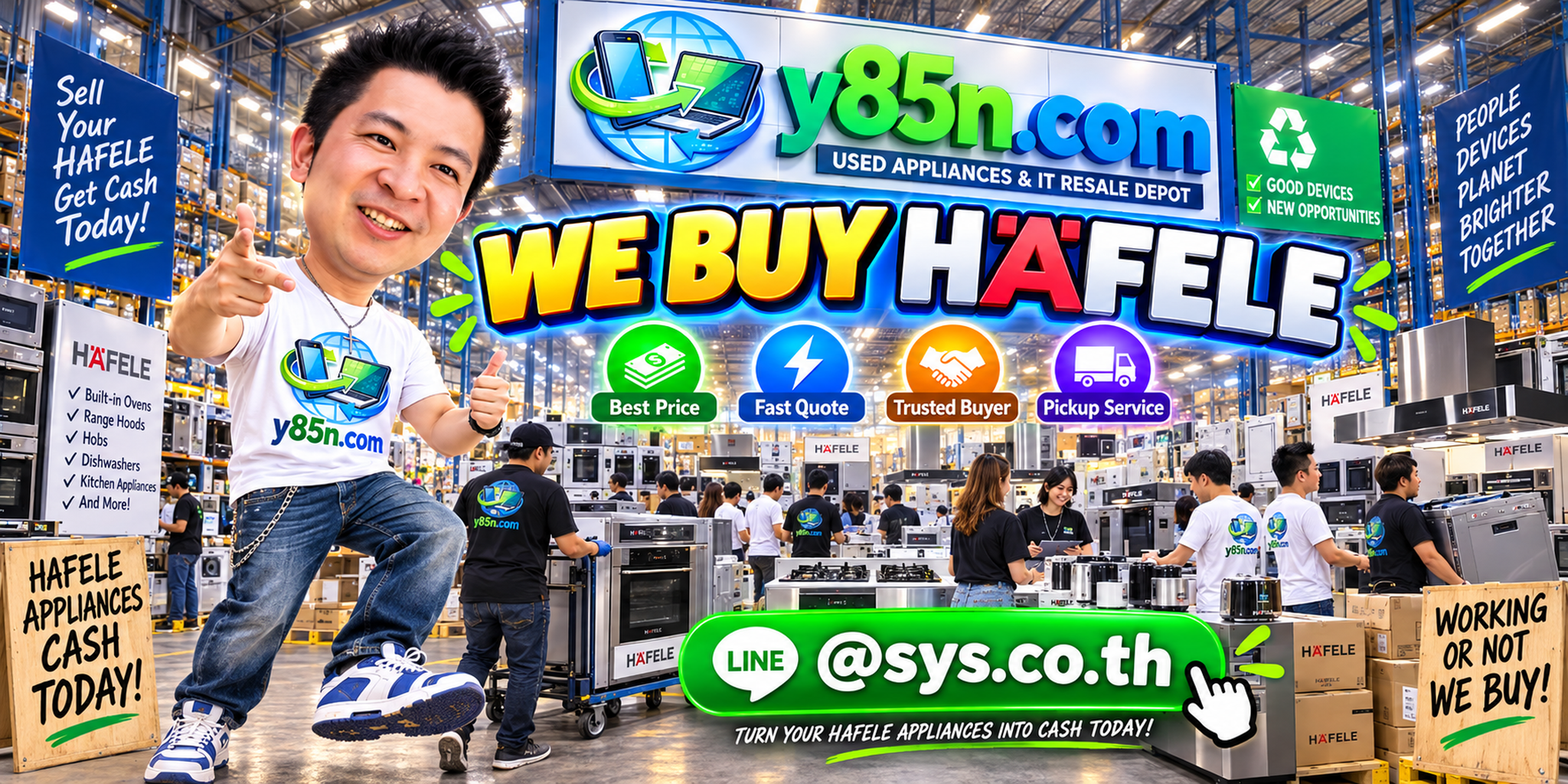 Y85N.com warehouse buying used Hafele appliances in Thailand