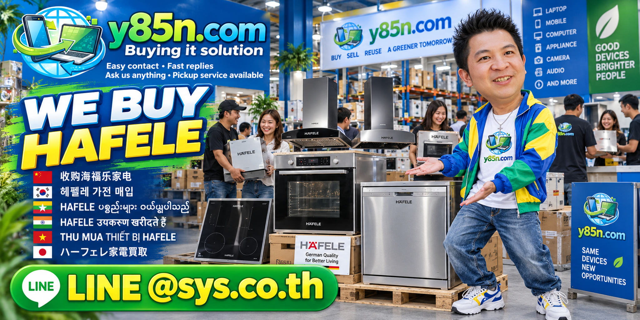 Y85N.com Hafele appliance buying contact banner with LINE at sys.co.th