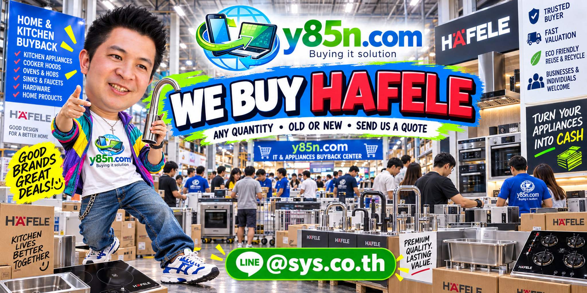 Y85N.com team and customers at a busy Hafele appliance buying warehouse