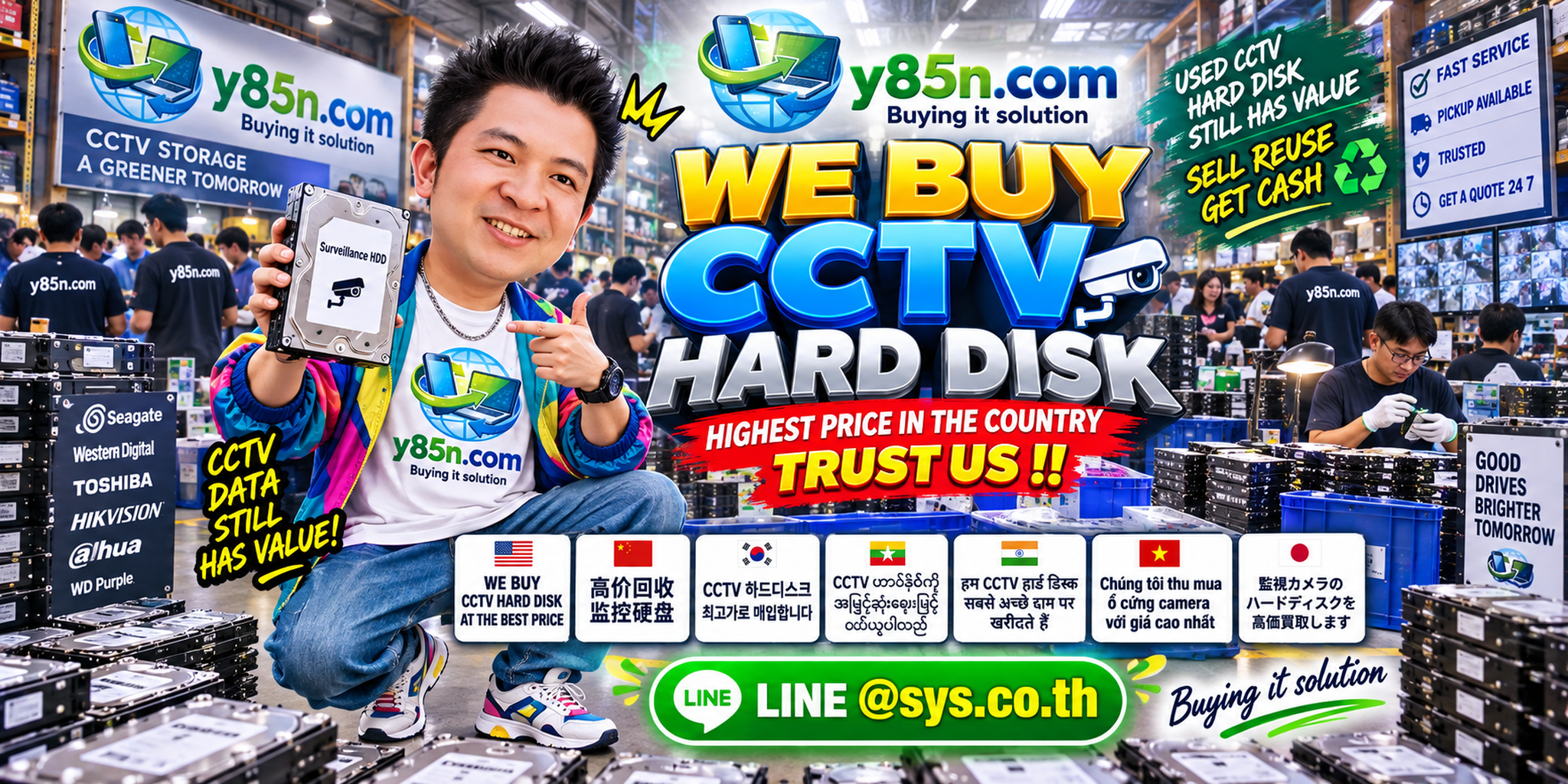 Y85N.com warehouse buying used CCTV hard disks with international seller support in Thailand