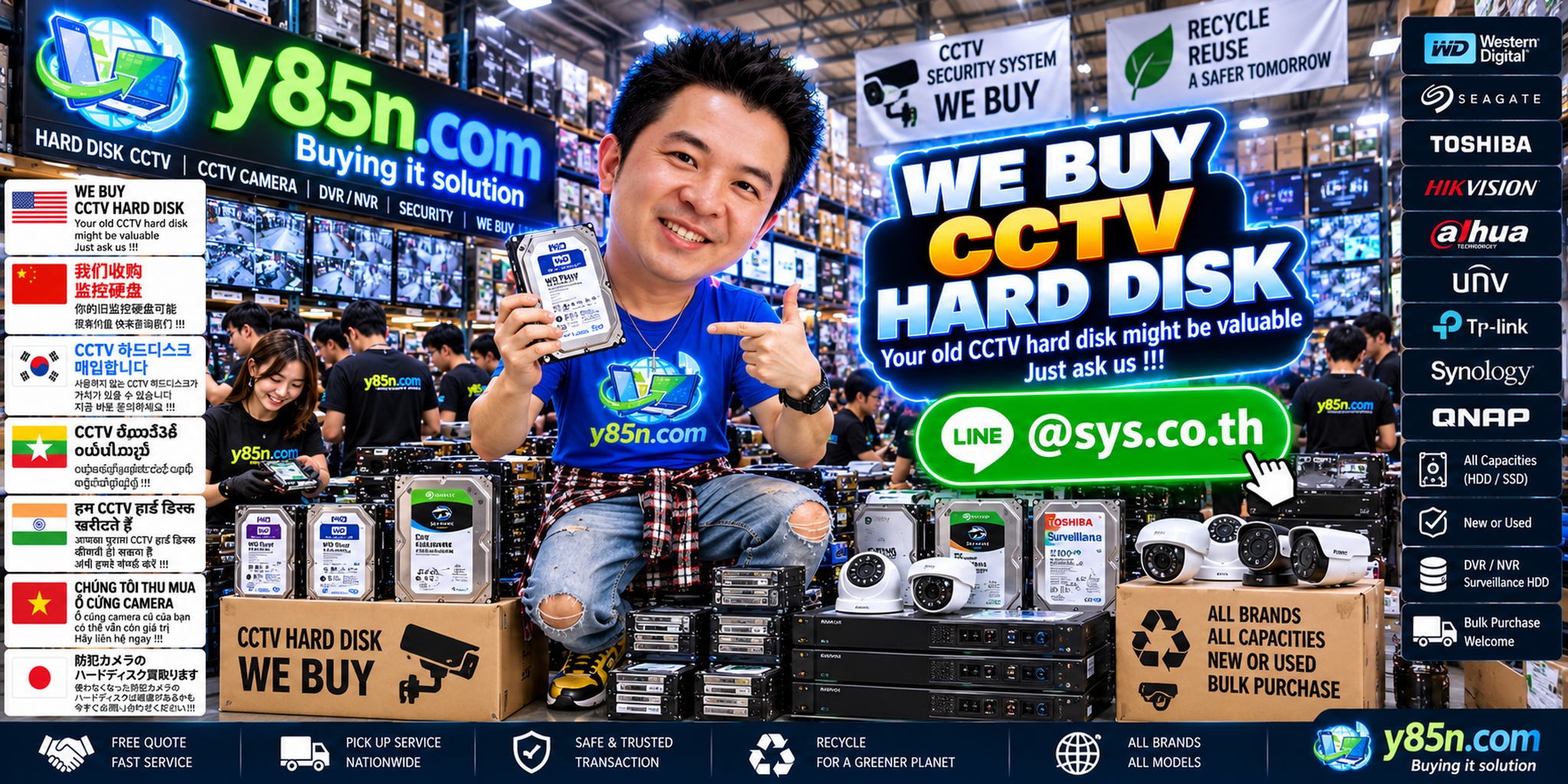 Busy Y85N.com warehouse buying used CCTV hard disks and surveillance HDD storage in Thailand