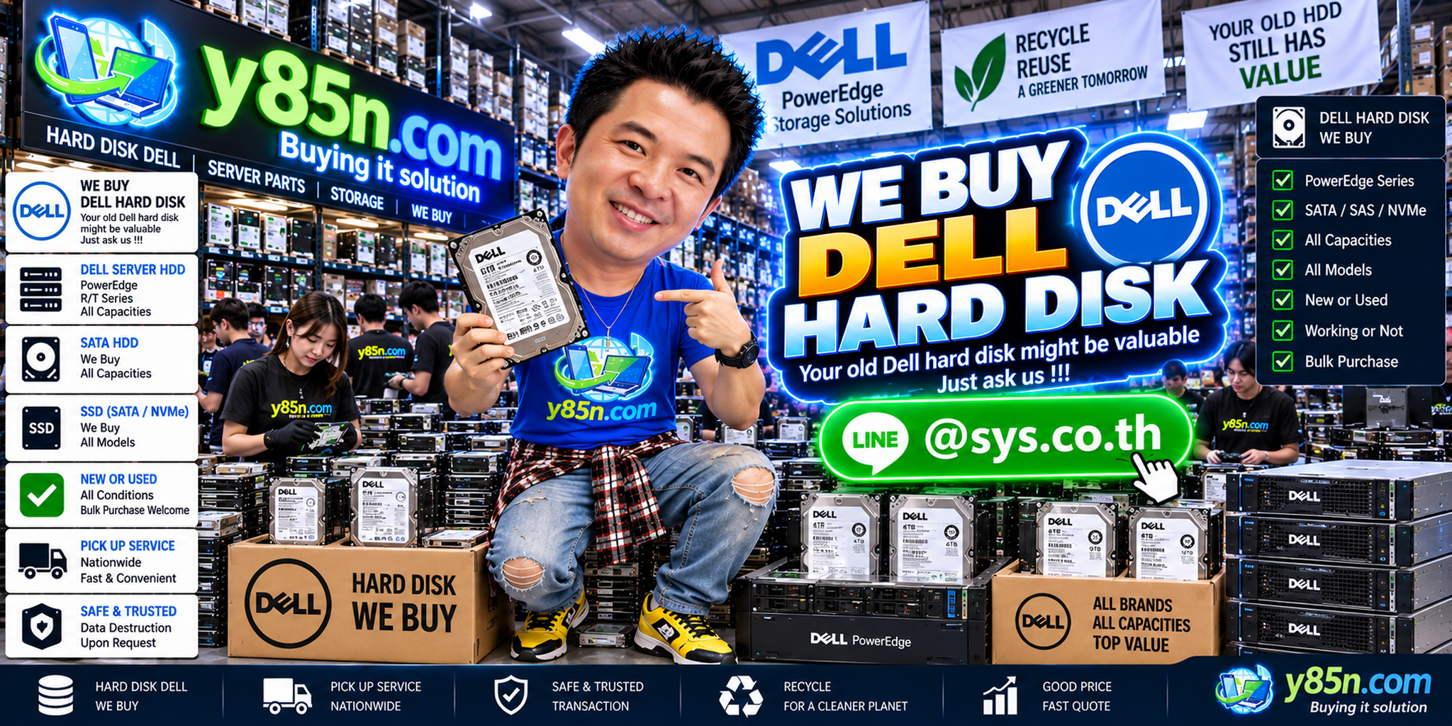 Busy Y85N.com warehouse buying used Dell server hard disks and enterprise HDD inventory in Thailand