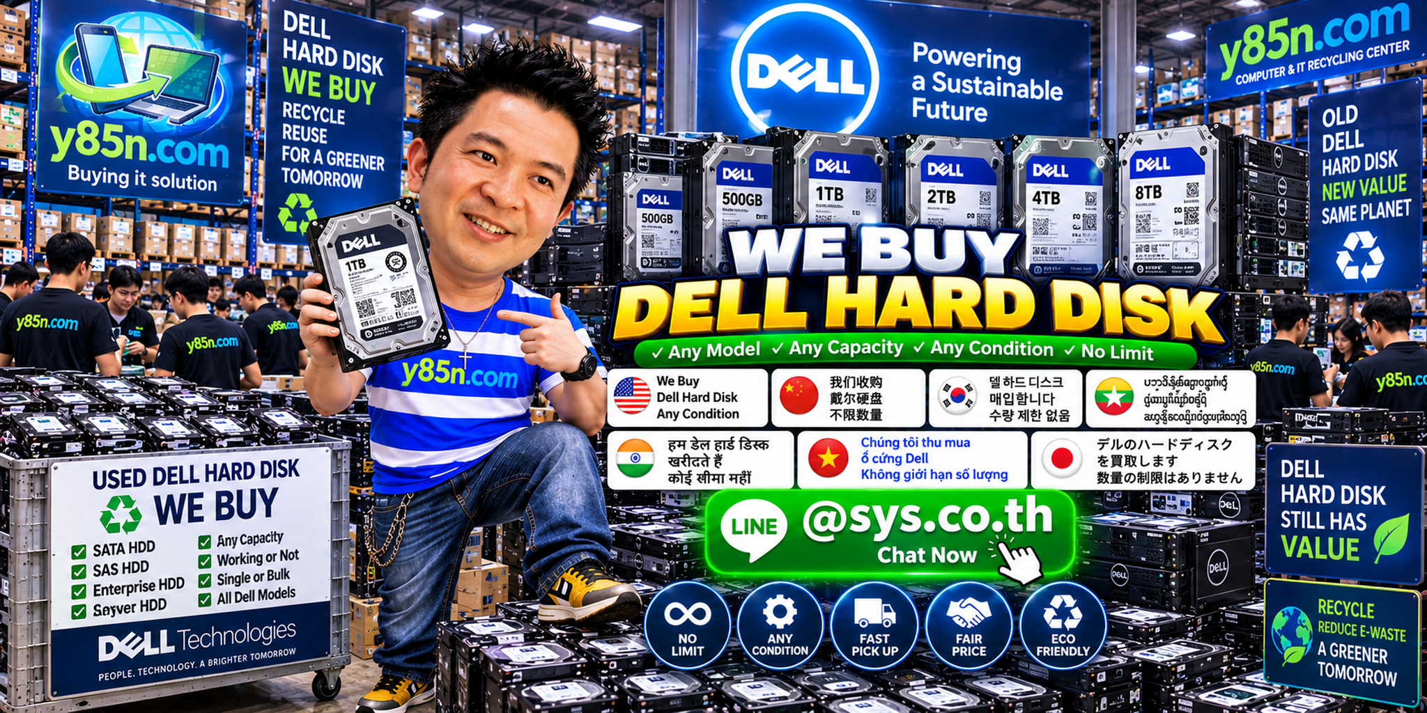 Y85N.com warehouse team evaluating bulk Dell server hard disks and enterprise storage inventory