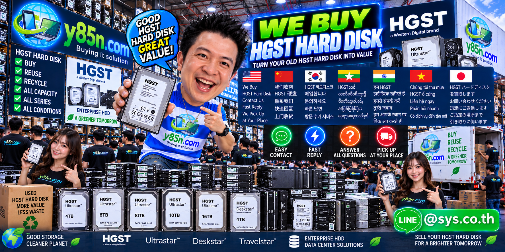 Y85N.com HGST hard disk buying contact banner with LINE at sys.co.th