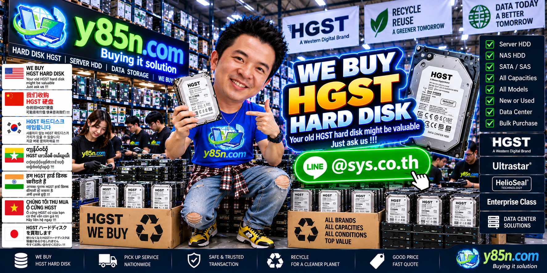 Busy Y85N.com warehouse showing HGST and Ultrastar hard disk buying service in Thailand
