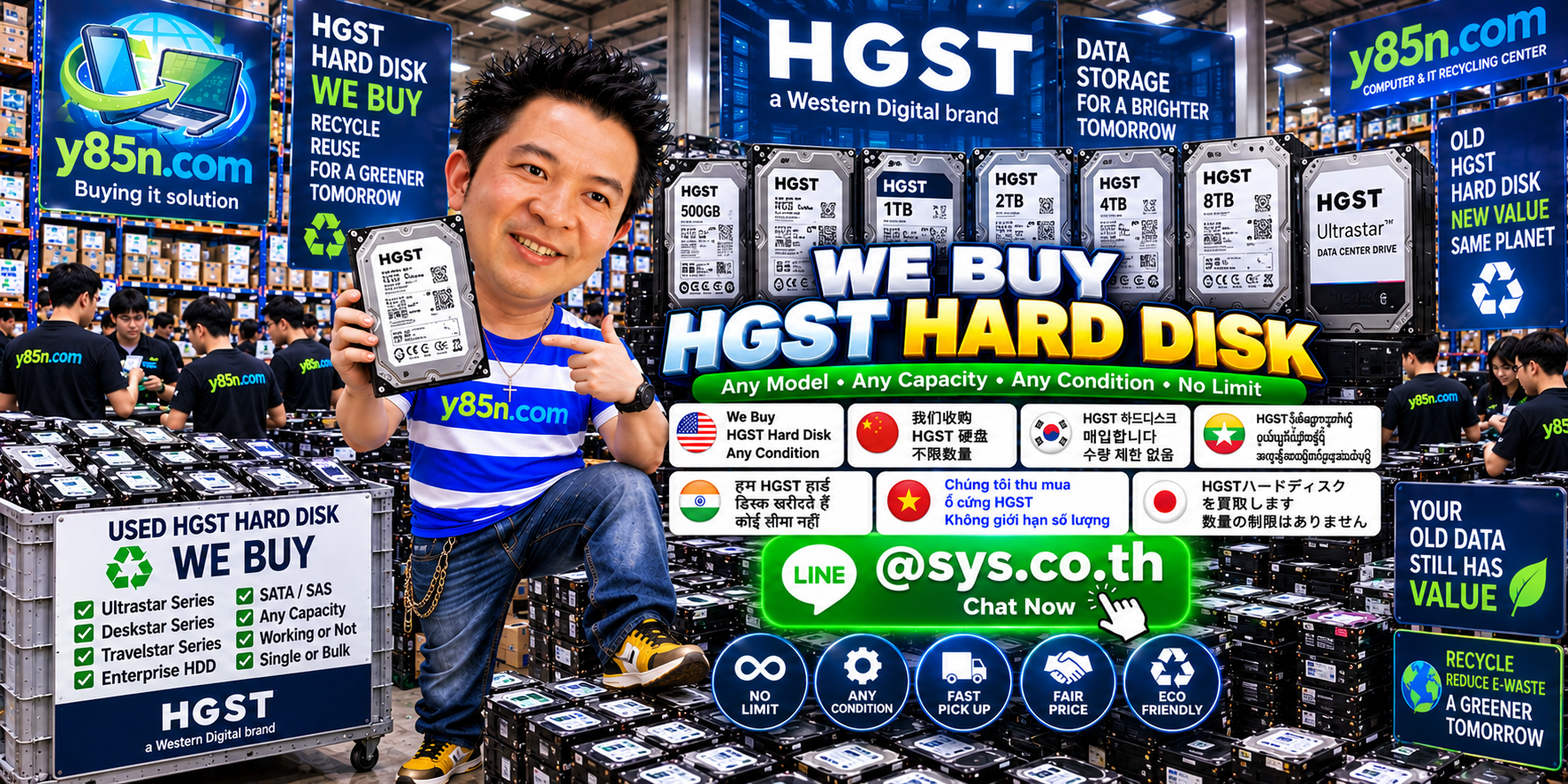 Y85N.com team and customers at a busy HGST and enterprise hard disk buying warehouse in Thailand