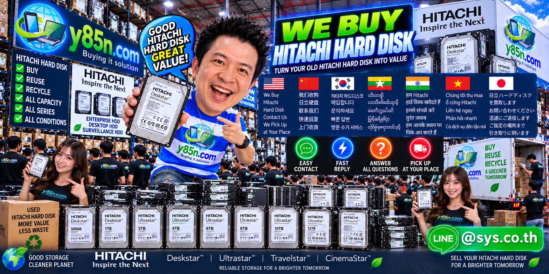Y85N.com Hitachi hard disk buying service contact banner with LINE at sys.co.th