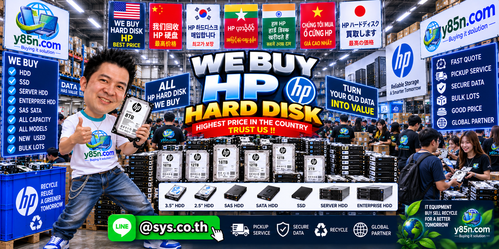 Y85N.com warehouse buying used HP hard disks with international seller support