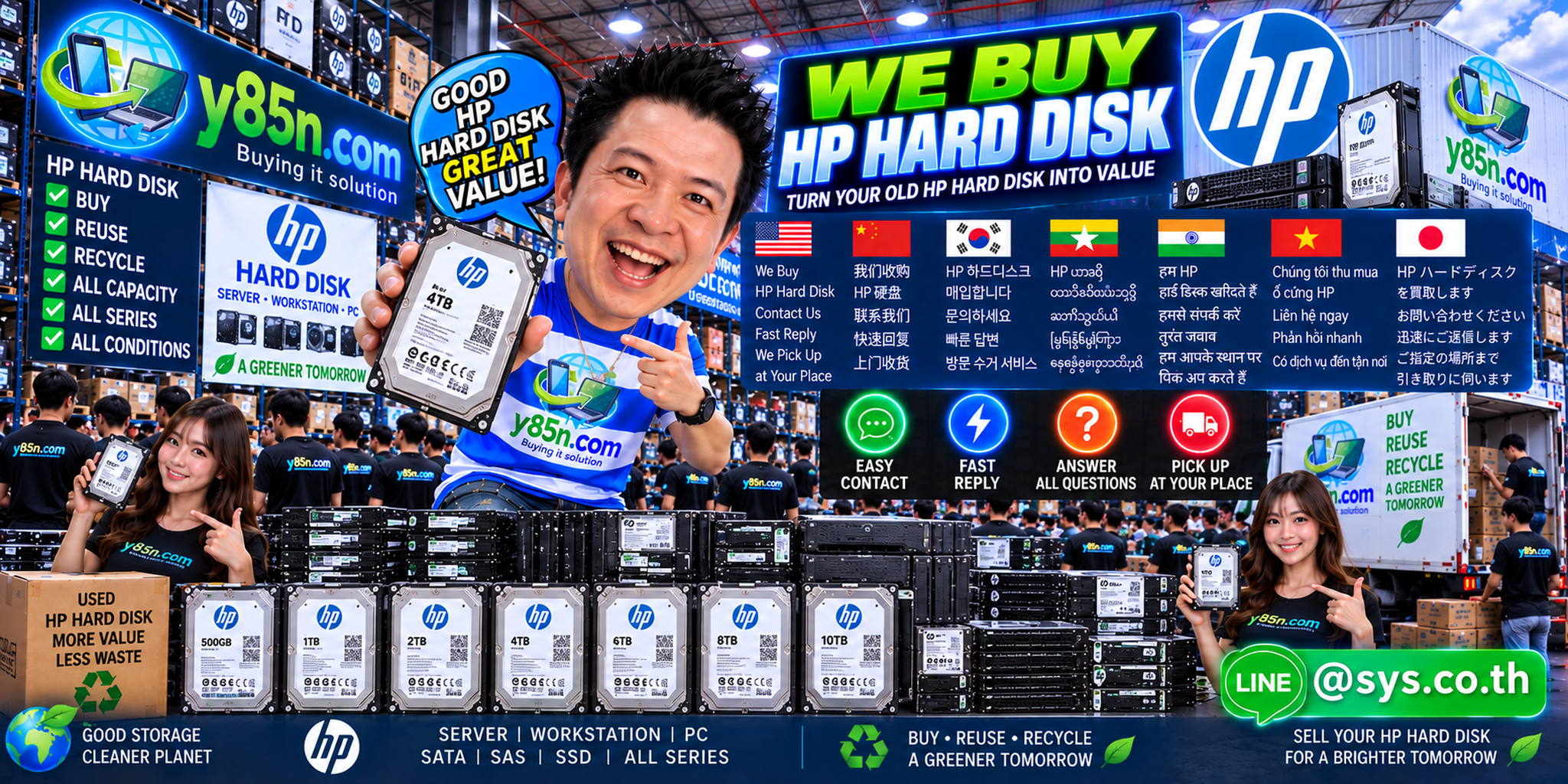 Y85N.com HP hard disk buying contact banner with LINE at sys.co.th