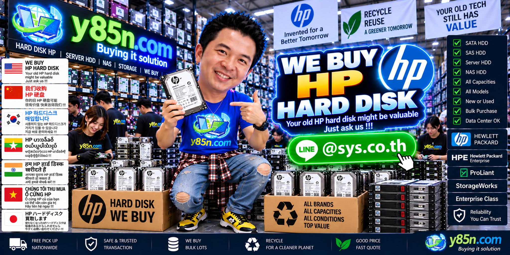 Busy Y85N.com warehouse buying HP hard disk drives in Thailand