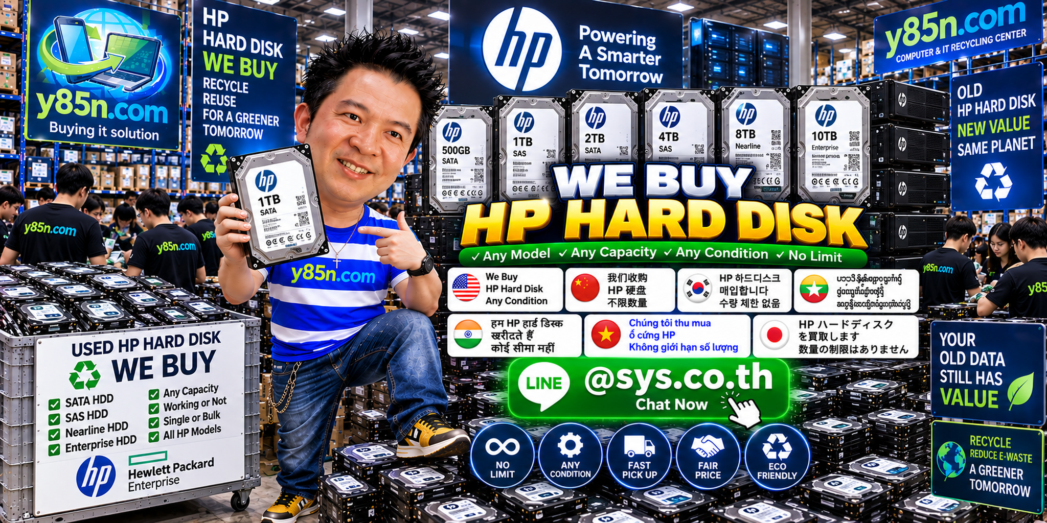 Y85N.com team and customers at a busy HP hard disk buying warehouse