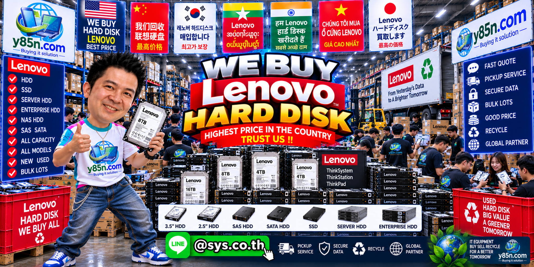 Y85N.com warehouse buying used Lenovo hard disks with international seller support