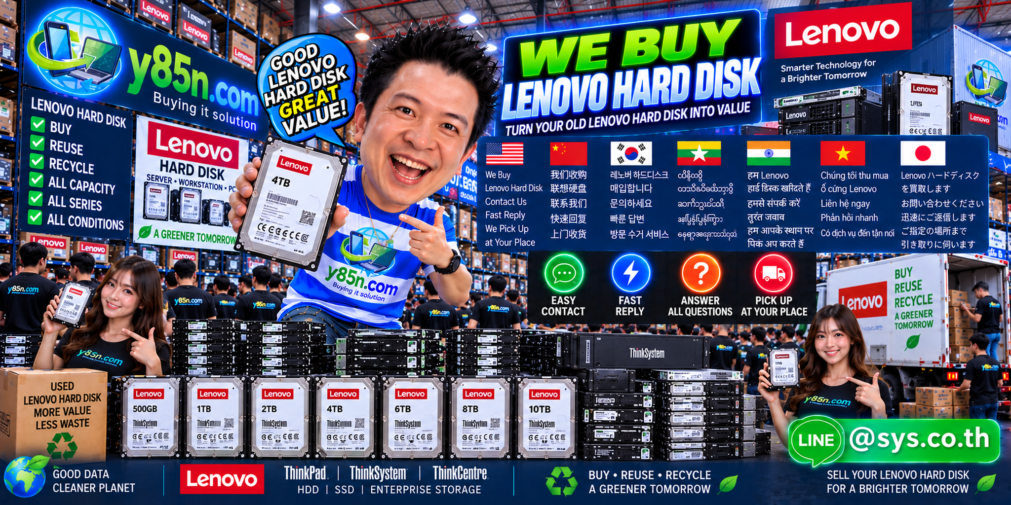 Y85N.com Lenovo hard disk buying service contact banner with LINE at sys.co.th