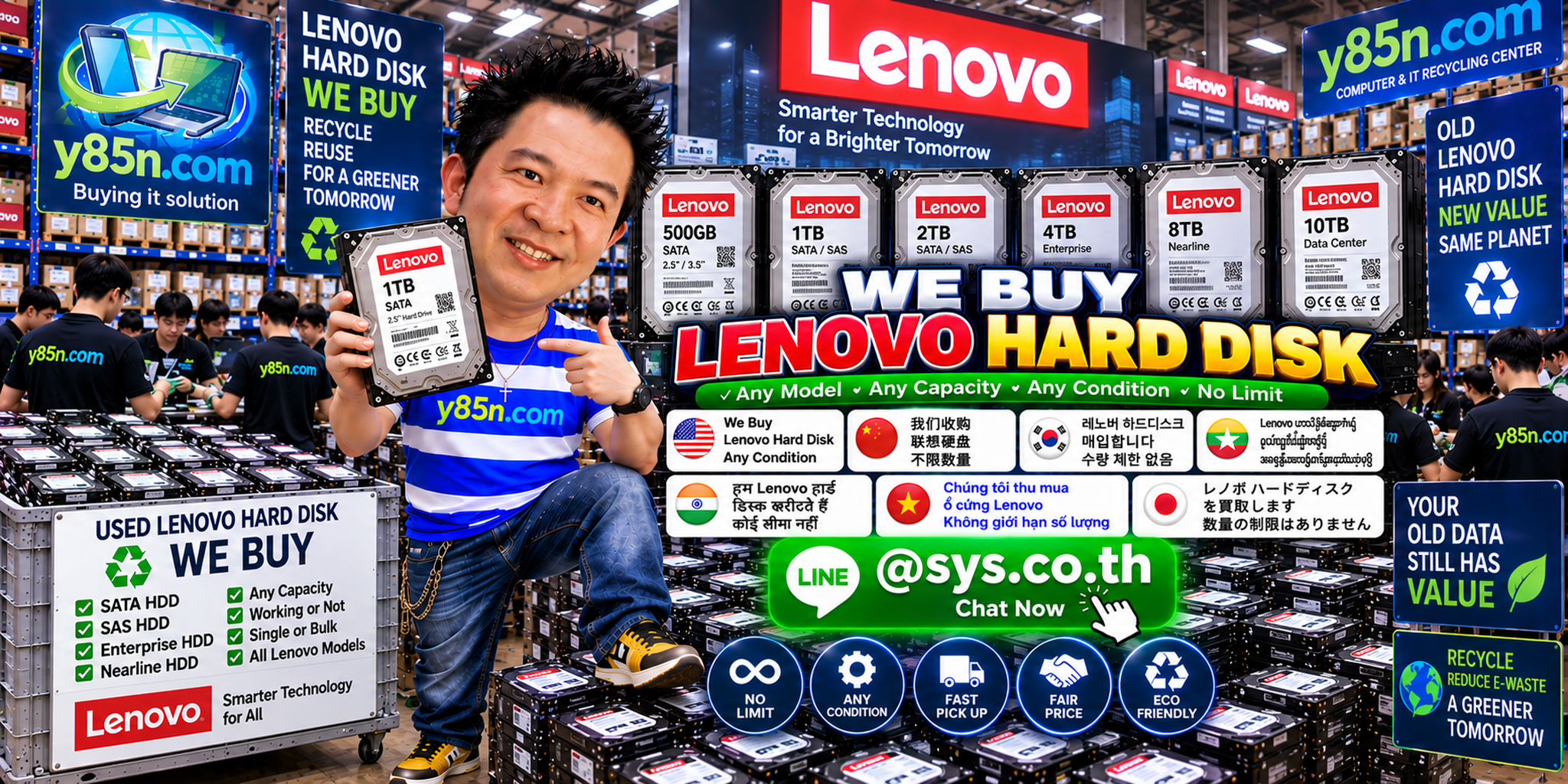 Y85N.com team buying used Lenovo hard disks in a busy IT warehouse