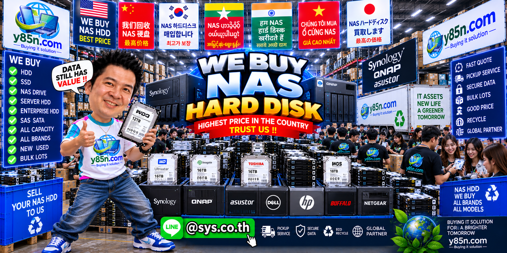 Y85N.com warehouse buying used NAS hard disks with international seller support