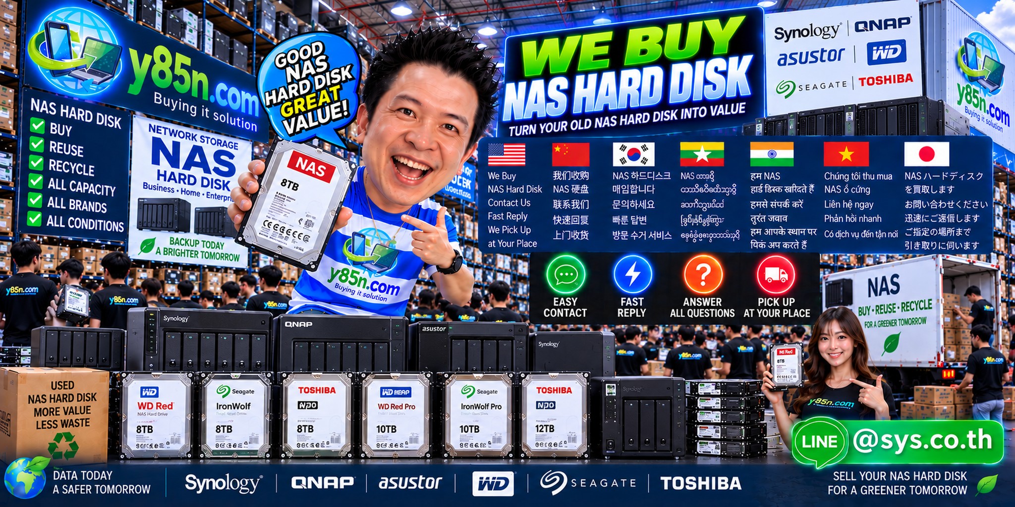 Y85N.com NAS hard disk buying service contact banner with LINE at sys.co.th