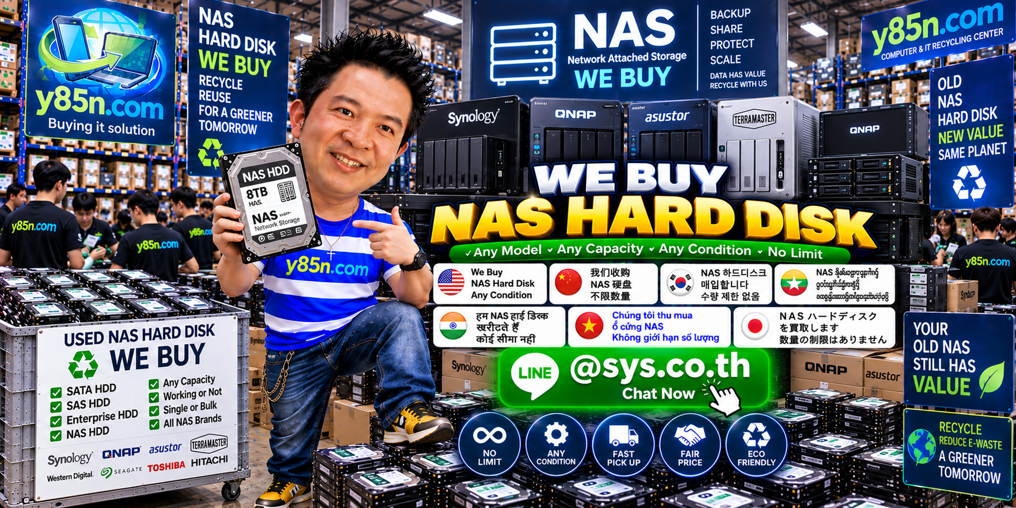 Y85N.com warehouse team evaluating bulk NAS hard disks and storage drive inventory