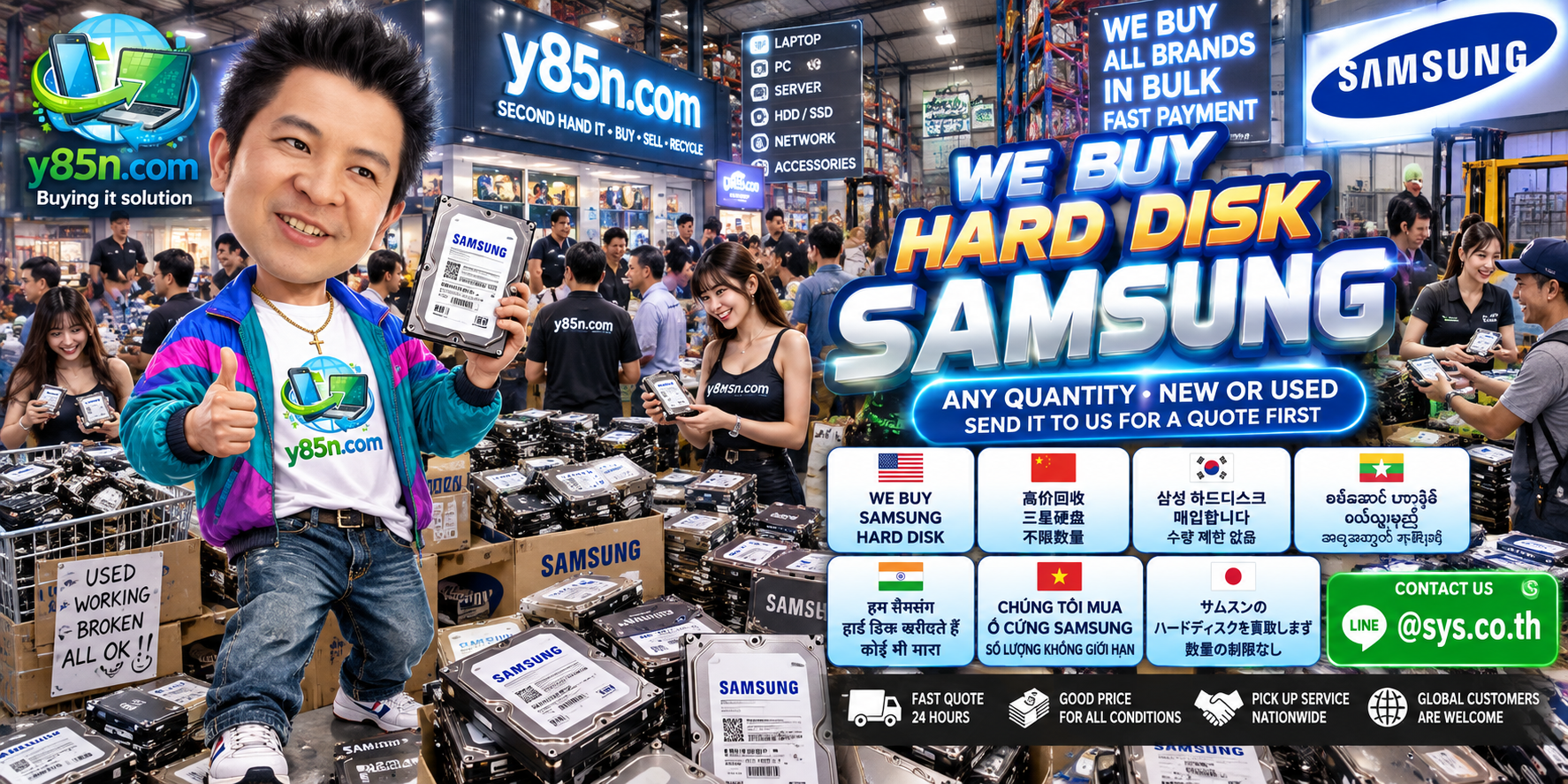 Y85N.com team and customers at a busy Samsung hard disk buying warehouse in Thailand