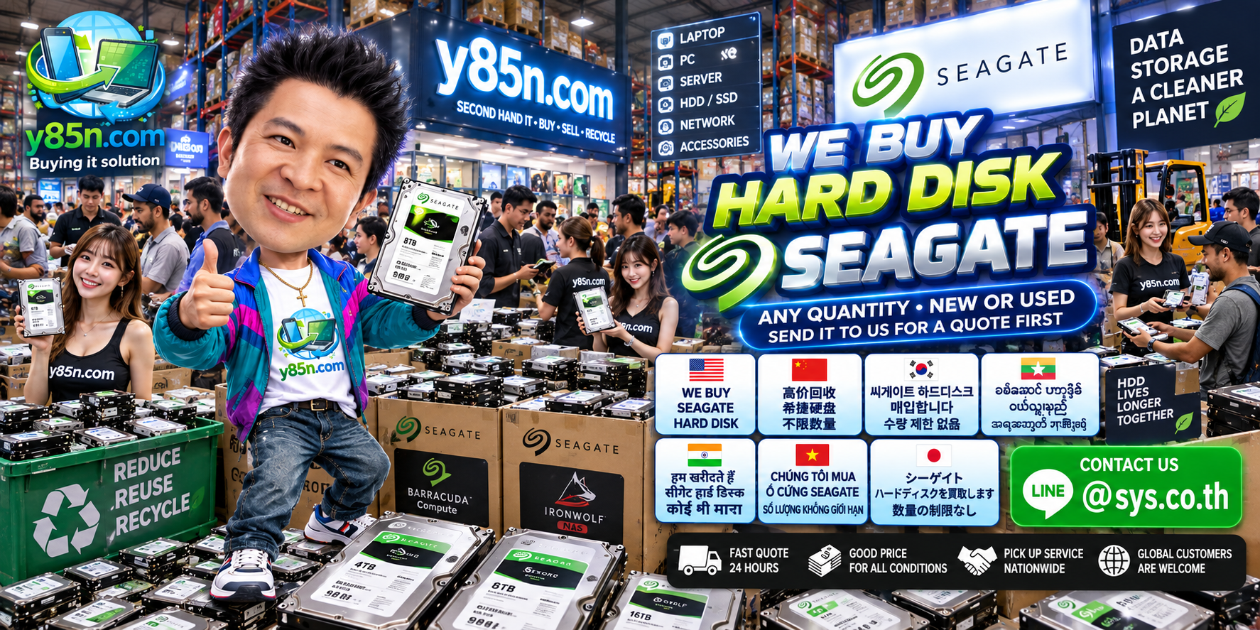 Y85N.com team and customers at a busy Seagate hard disk buying warehouse