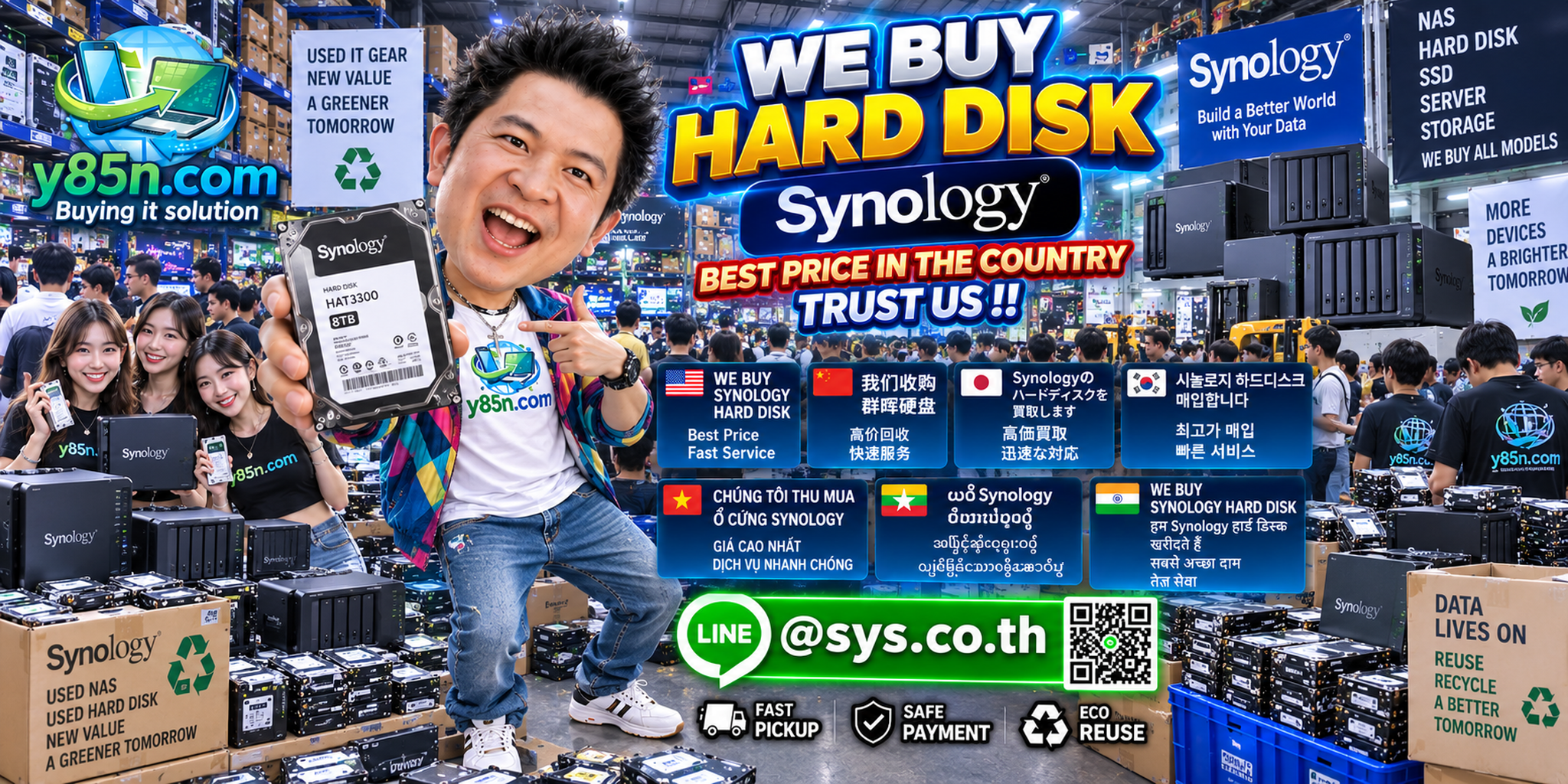 Y85N.com warehouse buying used Synology hard disks with international seller support
