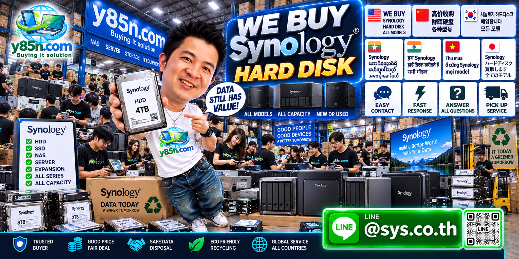 Y85N.com Synology hard disk buying contact banner with LINE at sys.co.th