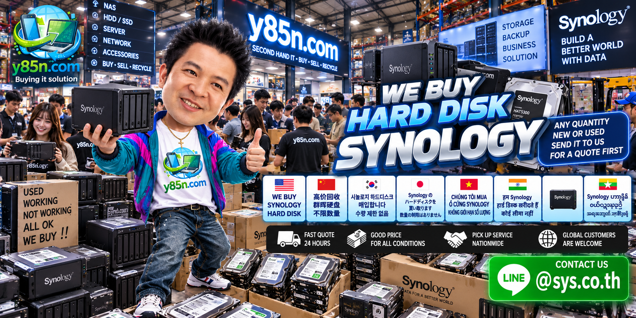 Y85N.com warehouse team reviewing Synology hard disks and NAS storage equipment