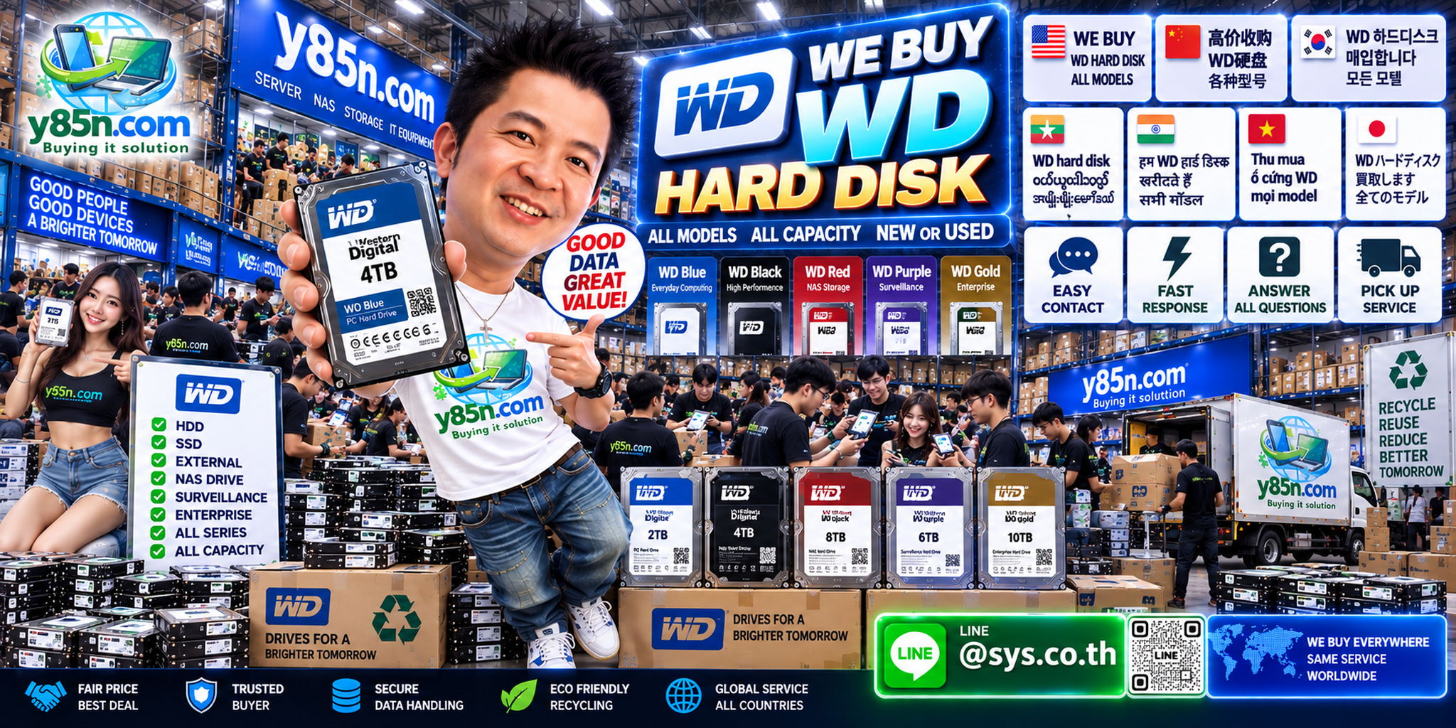 Y85N.com Western Digital hard drive buying service contact banner with LINE at sys.co.th